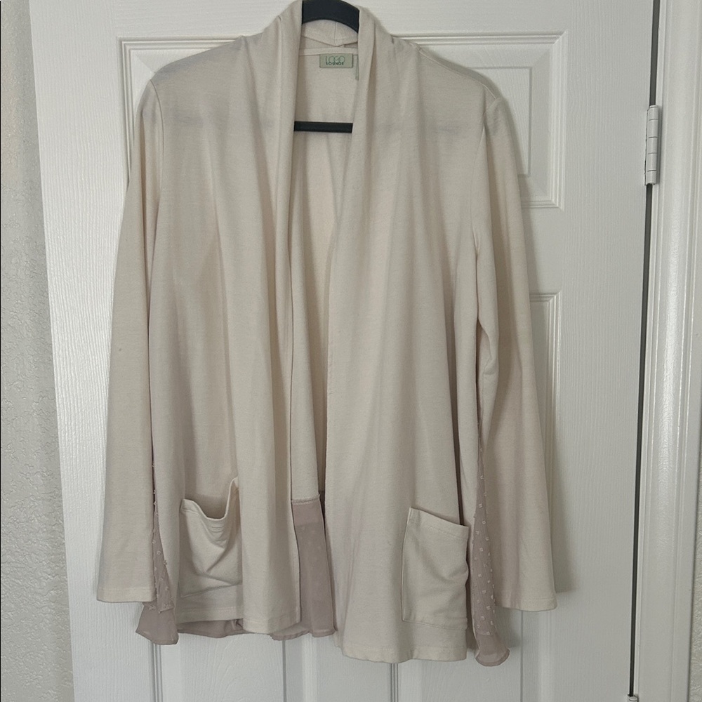 LOGO by Lori Goldstein Cream Open Front Cardigan